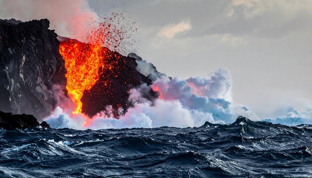 Molten lava erupting into the ocean
