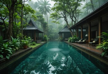 Fototapeta premium Green Tones, Traditional Thai Architecture, Bamboo Details, Overhanging Trees, Mist Invigorating Natural Setting