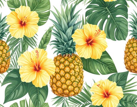 Tropical flower and pineapple seamless pattern