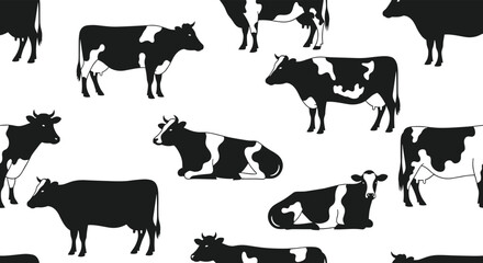 A pattern of black and white dairy cows shown in silhouette form over a white background.