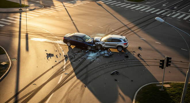 Aerial drone view of a serious two-car collision at a city street intersection during a golden sunset, showing the aftermath and debris,  copy space