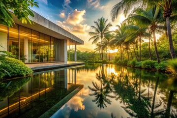 Fototapeta premium Serene Sunset Reflection at a Modern Tropical Oasis with Expansive Glass Walls