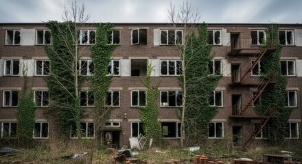 Naklejka premium Abandoned multi-story brick building with broken software, overgrown ivy, and a rusty fire escape under a grey sky, depicting and nature reclaiming.
