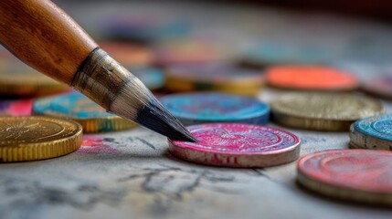 Brush poised over colorful coins