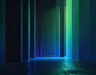 Dark, neon-lit corridor with teal and lime accents