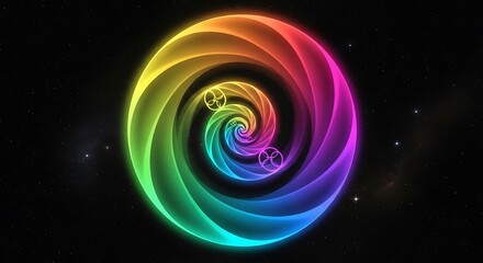 Vibrant rainbow spiral with cosmic symbol on starry night background, inspiring creativity