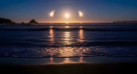 Surreal Beach Sunset with Three Suns