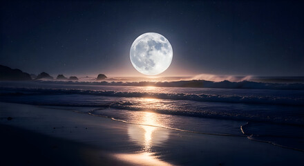 Full Moon over Ocean Waves at Night