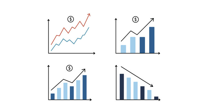 Illustrations of various business charts and graphs showing financial trends over time.