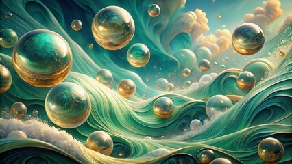 Serene Aquatic Dreamscape Golden and Jade Spheres Drifting on a Wave of Abstract Beauty