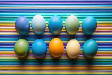 Naklejka premium Pastel-colored eggs arranged on a vibrant striped background, a colorful spring celebration