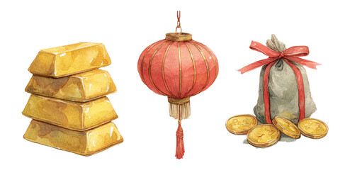Gold Bars, Lantern, Money Bag, and Coins in Isolated Transparent Background Illustration