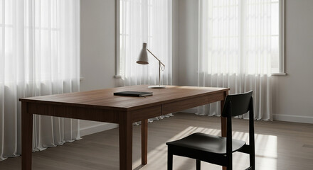 Serene Workspace Wooden Desk with Lamp Journal Amidst Sunlight Filtering Through Sheer Curtains Minimalist Home Office
