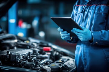 Auto mechanic in blue uniform using digital tablet to inspect car engine