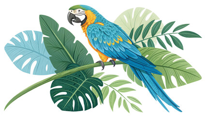 A blue and gold macaw perched on a branch surrounded by tropical leaves illustration design art