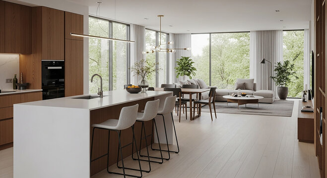Modern Open Concept Living Space Kitchen Island Dining Area Living Room Natural Light Contemporary Design Interior