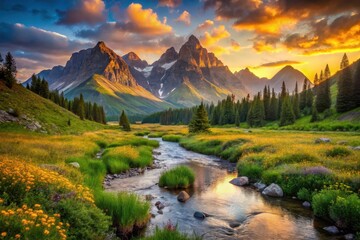 Serene Sunset Landscape Majestic Mountains Reflecting in a Tranquil Stream, Surrounded by a Vibrant Wildflower Meadow