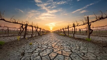 Sunset over a dry vineyard with cracked earth, symbolizing drought and climate change.