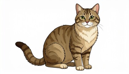 Elegant vector illustration of a domestic brown tabby cat sitting gracefully, isolated on a clean white background