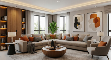 Modern Living Room Design Beige Sofa Round Coffee Table Abstract Art Interior Decor Home Inspiration Cozy Apartment