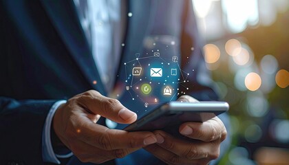 Close-up of person in business suit using phone with email/communication icons