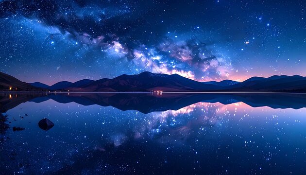 Panoramic starry night over a lake