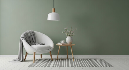 Serene Interior Design White Chair Minimalist Table and Modern Lamp in Calming Green Room Decor with Stylish Rug and