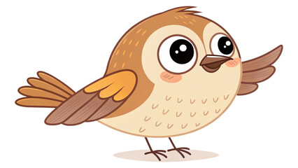 Cartoon illustration of a small brown bird with big eyes on a transparent background waving a wing