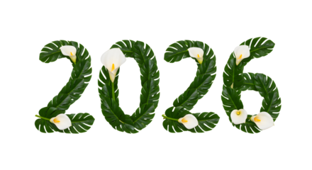 2026 number made of tropical leaves and white flowers, botanical design for new year or future events