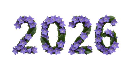 2026 made of purple flowers on white background, floral numbers composition perfect for spring and nature projects