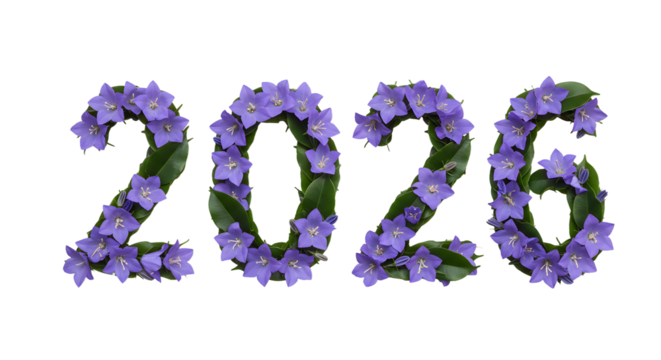 2026 made of purple flowers on white background, floral numbers composition perfect for spring and nature projects