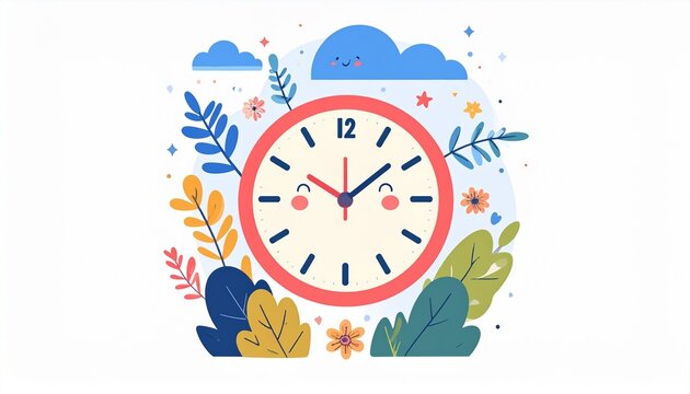 A Charming Clock Illustration A Cheerful Clock Design Surrounded By Vibrant Flowers And Leaves, Perfect For Time Management, Scheduling, Or Springtime Themes. This Illustration Evokes