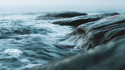 Close up view of ocean waves gently rolling over rocky surfaces, creating serene atmosphere