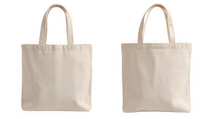 Two identical plain canvas tote bags with handles displayed side by side isolated on transparent background