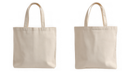 Two identical plain canvas tote bags with handles displayed side by side isolated on transparent background