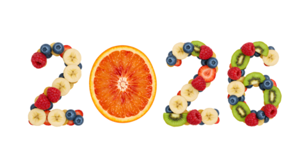 2026 shaped from fresh fruits including banana, blueberry, raspberry, kiwi, and orange slice, healthy and colorful concept perfect for new year celebrations