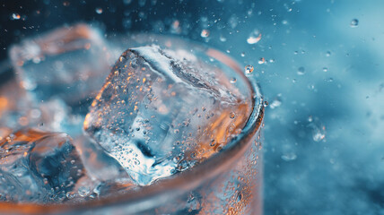 Refreshing ice cubes in glass with bubbles and water droplets create vibrant scene