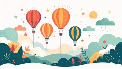 A Stunning Hot Air Balloon Illustration Featuring Vibrant Colors And A Whimsical Landscape, Perfect For Adding A Touch Of Adventure And Wonder To Your Designs.