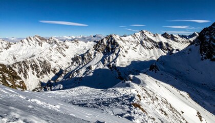 A Stunning Panoramic View Of Snow Covered Mountain Peaks, Majestic Alpine Landscape, Breathtaking Winter Scenery, Ideal For Winter Sports And Tourism.