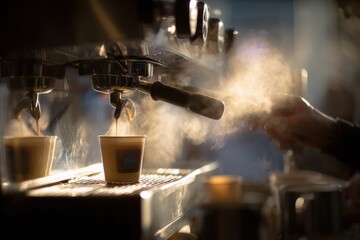 Espresso machine extracting fresh coffee into cups with dramatic steam and warm backlight