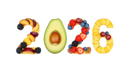 2026 year numbers made with assorted fresh fruits including avocado, berries and sliced kiwi, healthy tropical food concept, perfect for summer or health campaigns