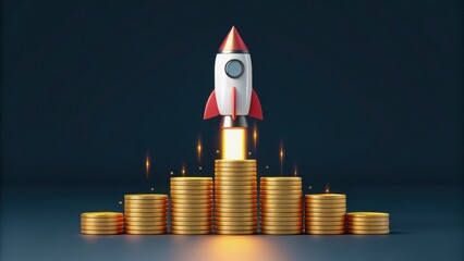 startup success execution competition goals concept. Rocket launching from a stack of coins symbolizing growth and investment.