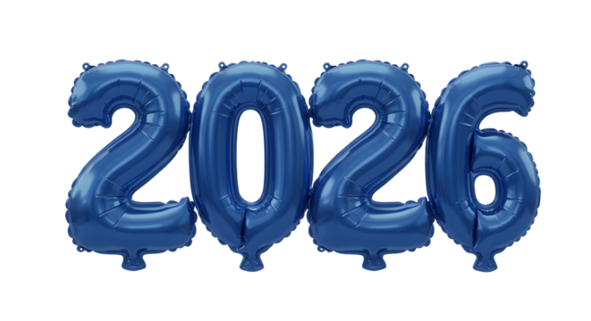 Blue foil number balloons forming 2026 isolated on white background, perfect for New Year celebrations or milestone events