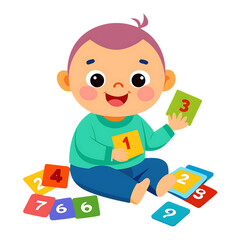 Cute baby playing with number cards isolated on transparent background