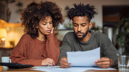 Couple reviewing documents at home office, focused and engaged in discussion