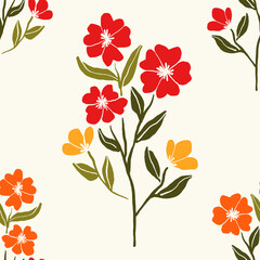 Seamless pattern with red and orange flowers and green leaves on cream background