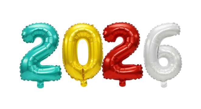 Colorful 2026 foil balloons in teal, yellow, red, and silver, ideal for New Year's Eve celebrations and milestone events
