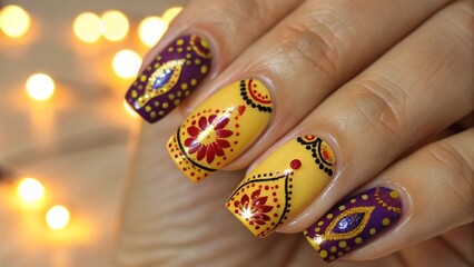Close Up of Diwali Nails Art with Bright Colors and Traditional Festive Patterns for Celebration