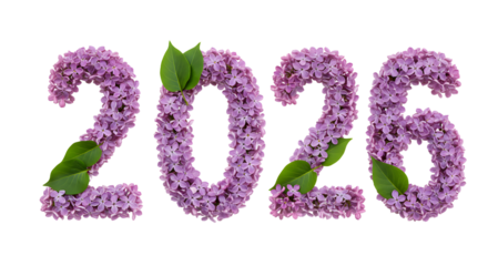 2026 made of purple lilac flowers with green leaves on white background, spring floral number decoration, perfect for seasonal events