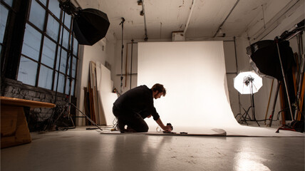 Creative professional working in photography studio, preparing for shoot